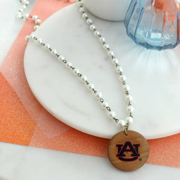 Auburn Logo Pearl & Wood Disc Necklace