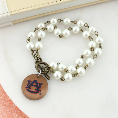 Auburn Logo Pearl & Wood Disc Toggle Bracelet