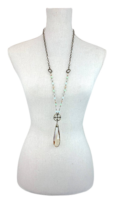 Long Necklace with Metal Round Cross and Crystal Pendant