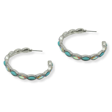 Western turquoise stone w rhinestone hoop earring: SILVER AB / ONE SIZE