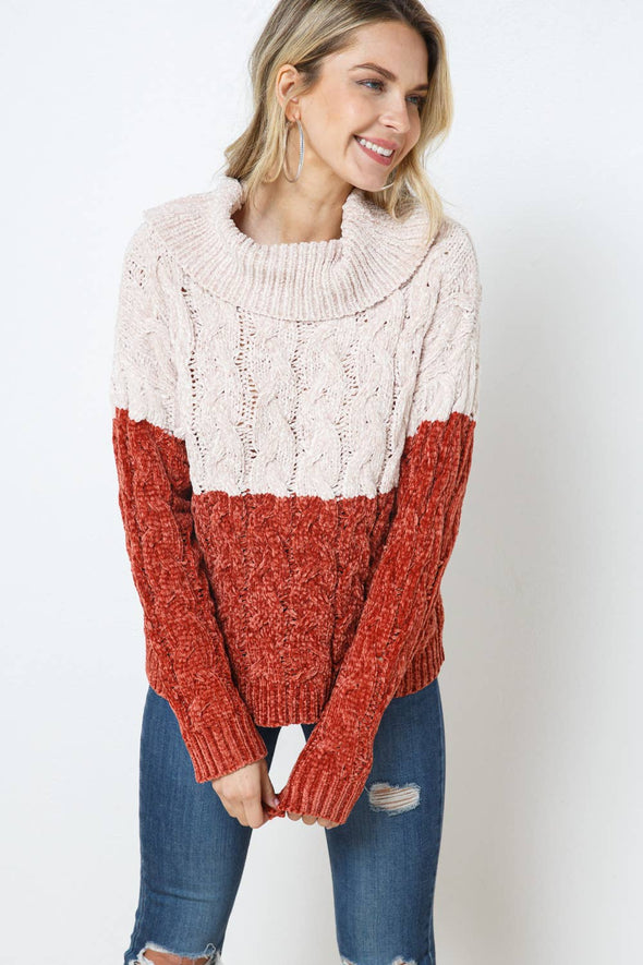 Soft Chenille Color Block Cowl Neck Sweater