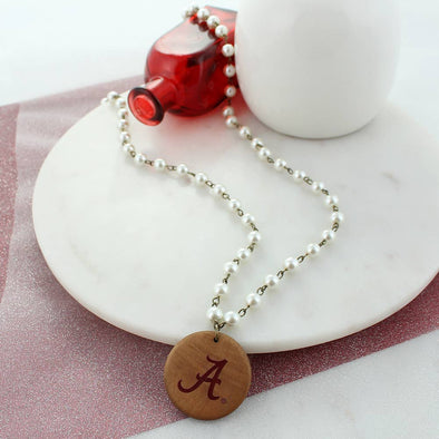 Alabama Logo Pearl & Wood Disc Necklace